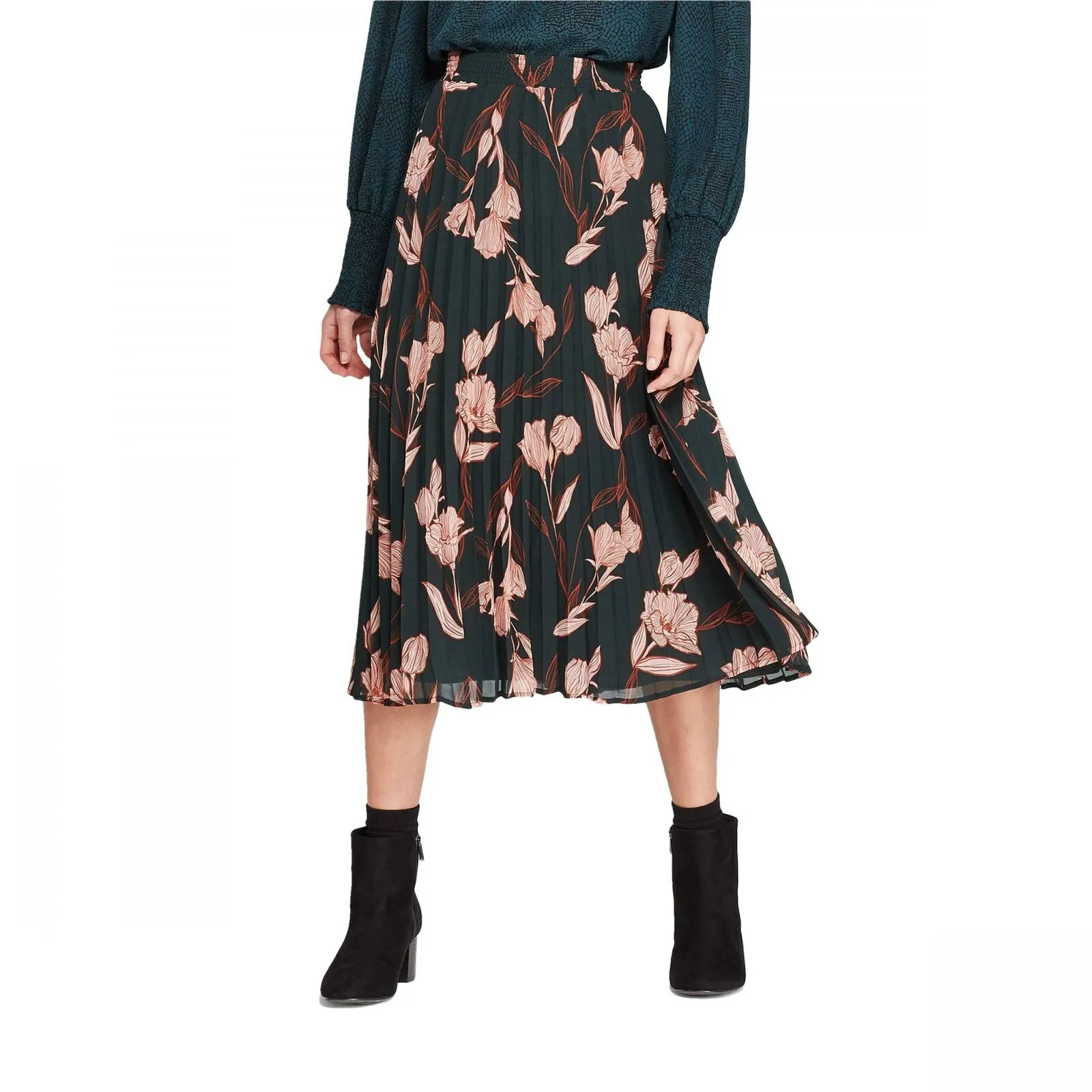 A New Day Women's Floral Print High Rise Pleated Midi Skirt