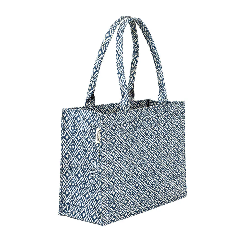 Argyle Elegance – Versatile Blue Cotton Canvas Tote Bag