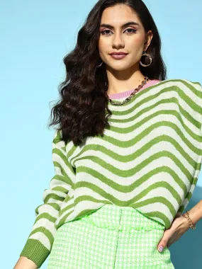 Berrylush Women Green & White Striped Pattern Round Neck Drop-Shoulder Sleeve Ribbed Hem Regular Pullover