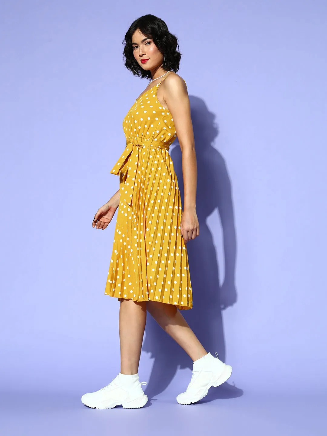 Berrylush Women Yellow & White Polka Dot Printed V-Neck Tie-Up Waist Crepe Accordion Pleated Fit & Flare Midi Dress