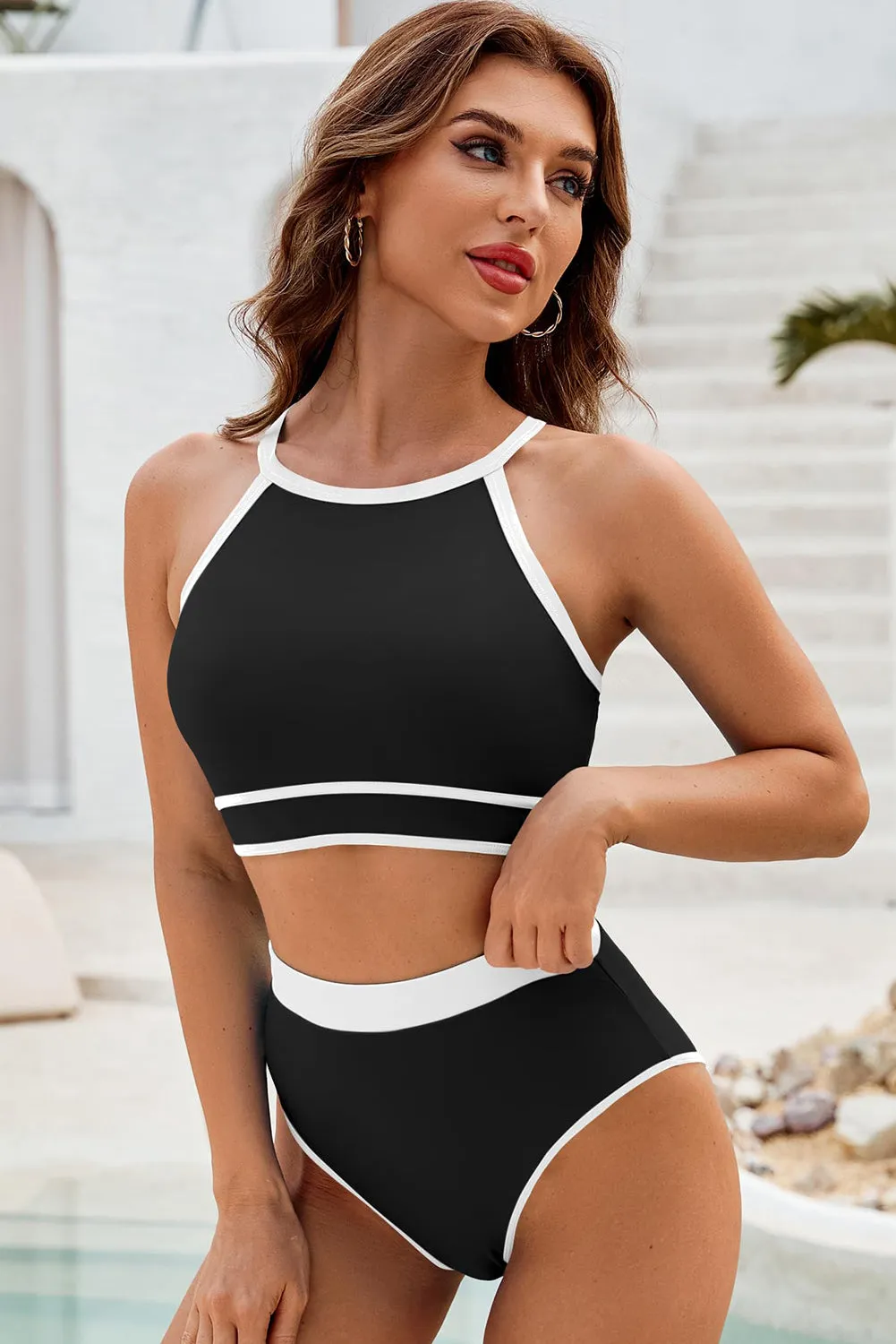 Black Contrast Trim Crisscross Back High Waisted Bikini Swimwear Set