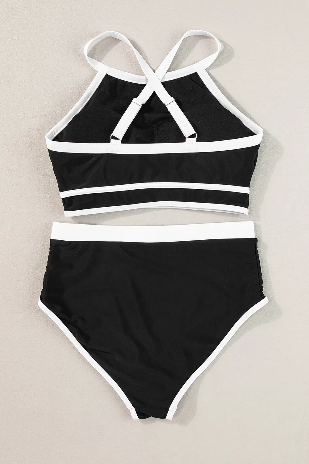 Black Contrast Trim Crisscross Back High Waisted Bikini Swimwear Set