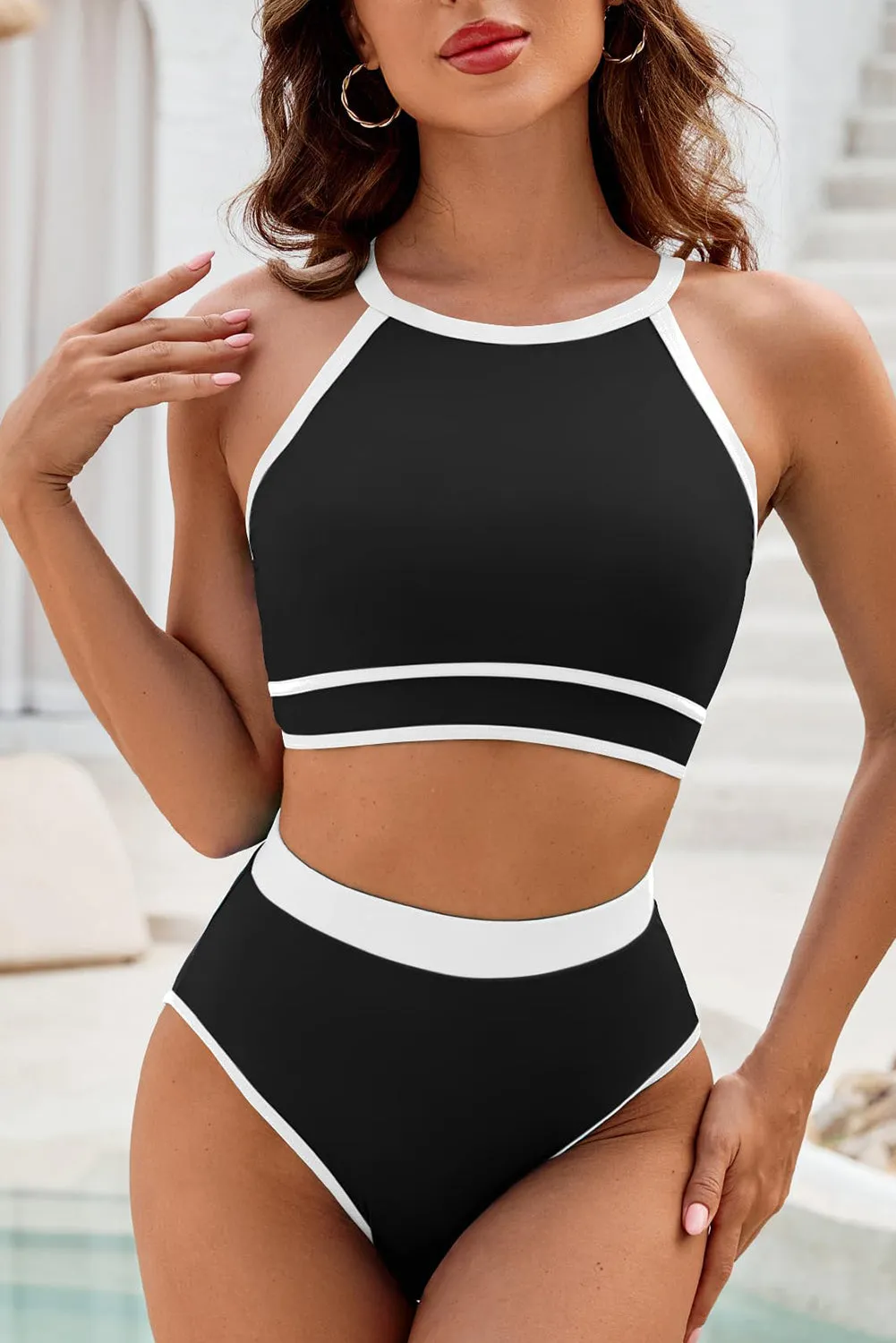 Black Contrast Trim Crisscross Back High Waisted Bikini Swimwear Set