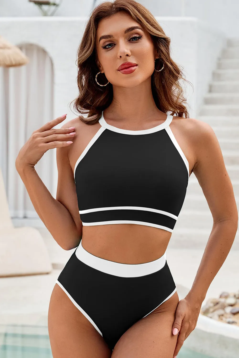 Black Contrast Trim Crisscross Back High Waisted Bikini Swimwear Set