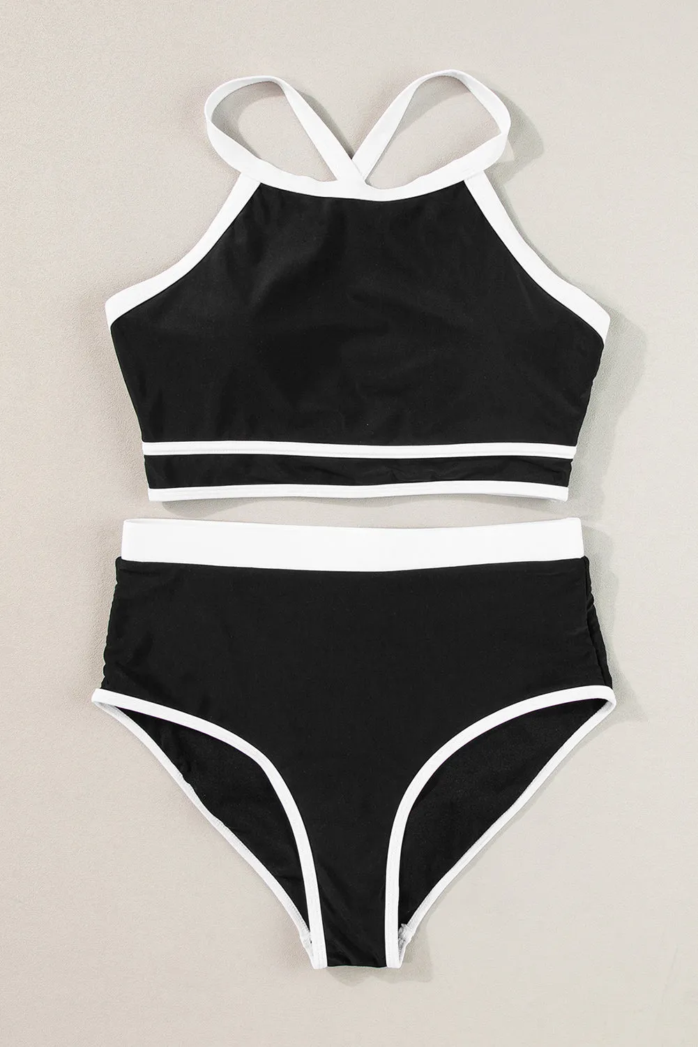 Black Contrast Trim Crisscross Back High Waisted Bikini Swimwear Set