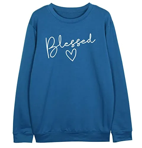 Blessed Sweatshirt for Women Letter Print Lightweight Thanksgiving Pullover Tops Blouse Blue