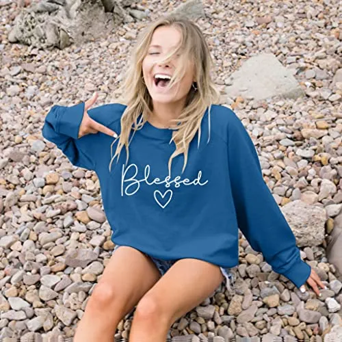 Blessed Sweatshirt for Women Letter Print Lightweight Thanksgiving Pullover Tops Blouse Blue