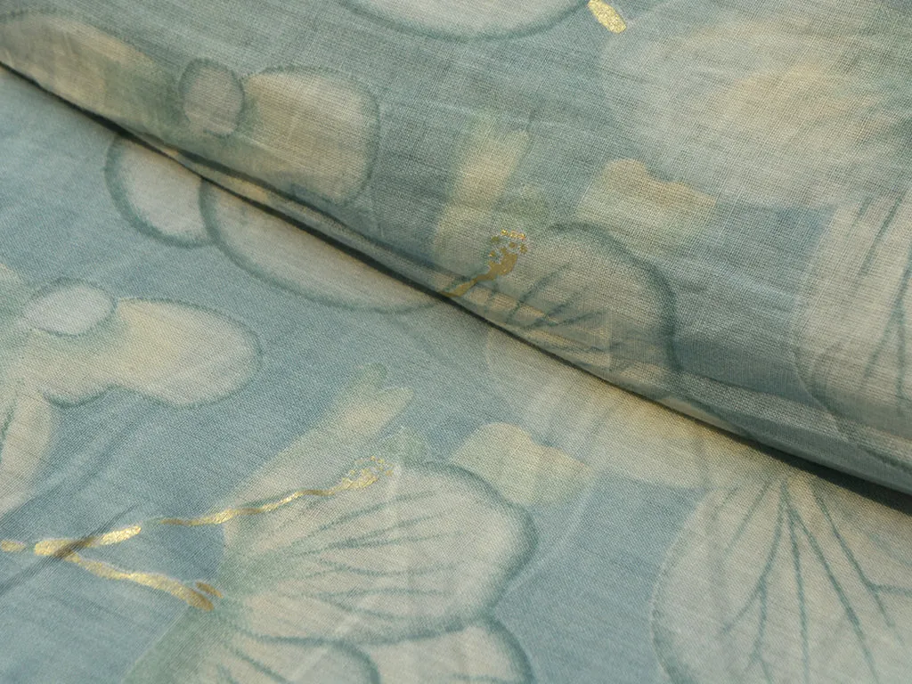 Blue & Light Golden Floral Pure Mul Mul Cotton Fabric