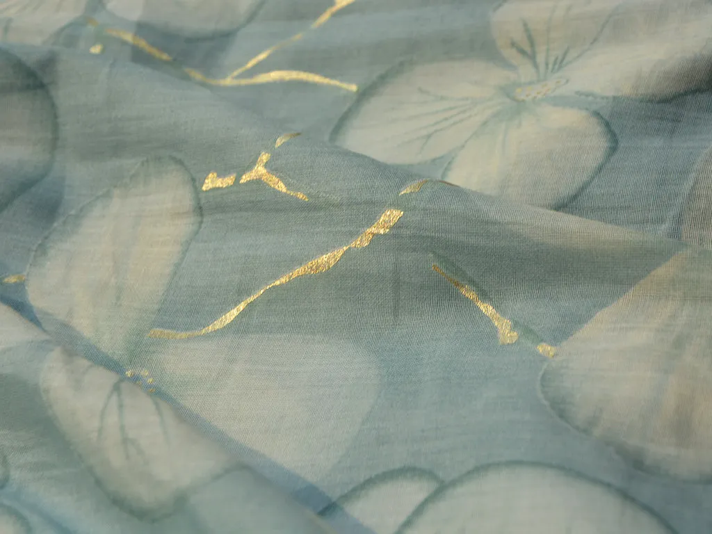 Blue & Light Golden Floral Pure Mul Mul Cotton Fabric