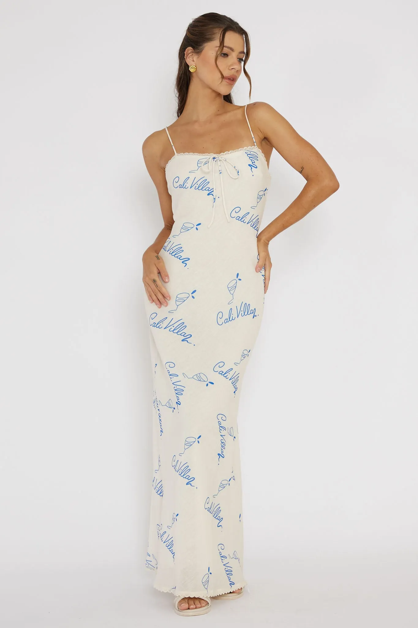 Cali Sunset Lace Trim Maxi Dress Print Blue