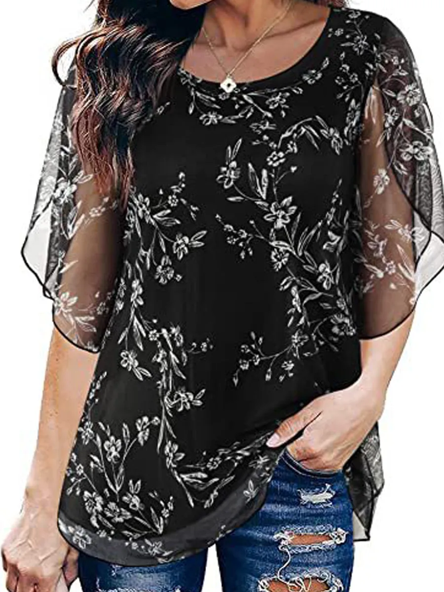 Casual Double Layers Mesh Tunics V Neck 3/4 Sleeve Blouse