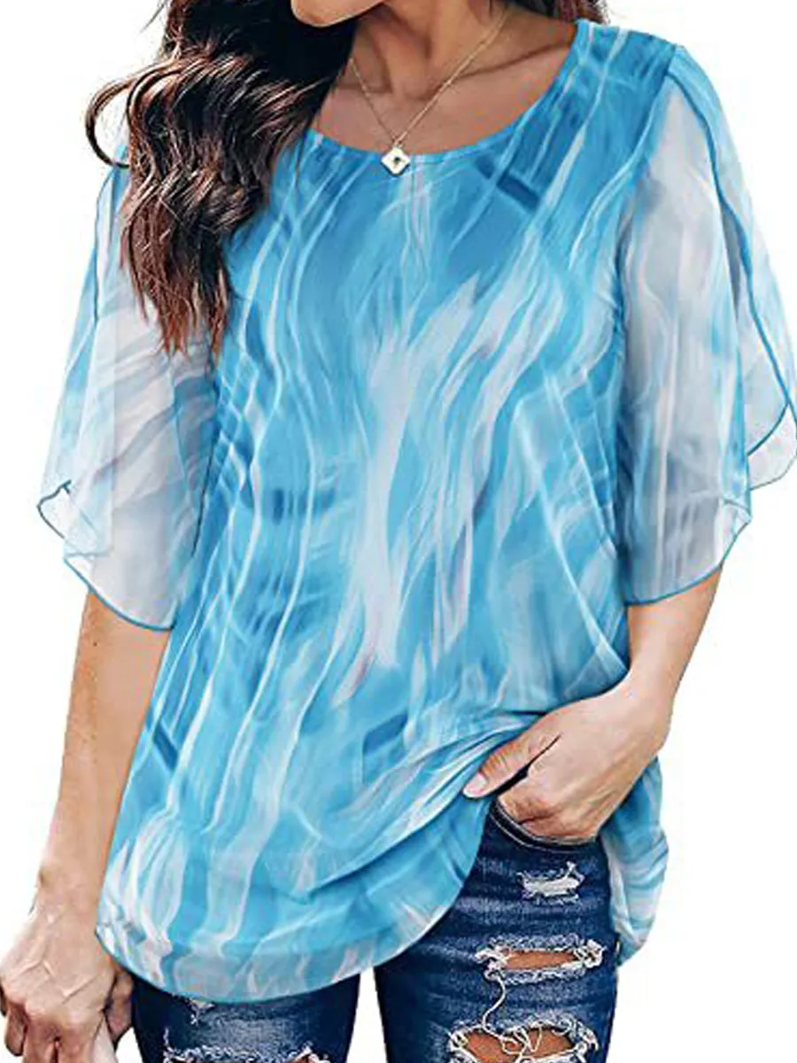 Casual Double Layers Mesh Tunics V Neck 3/4 Sleeve Blouse