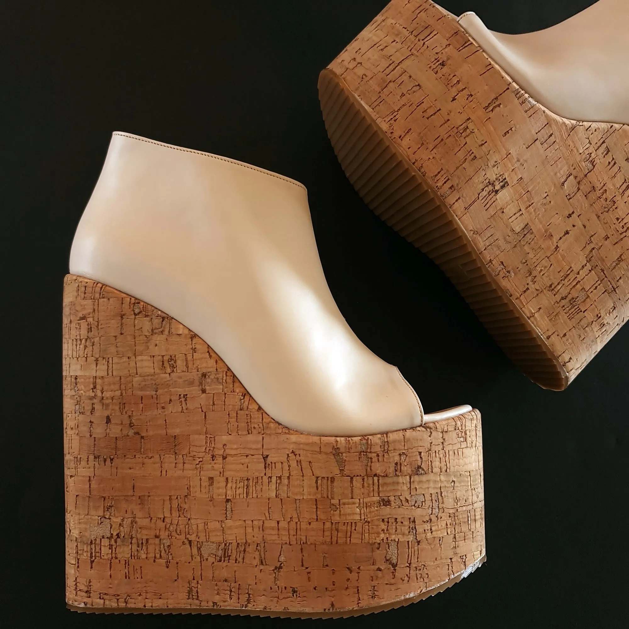 Cream Beige High Heel Platform Cork Wedges