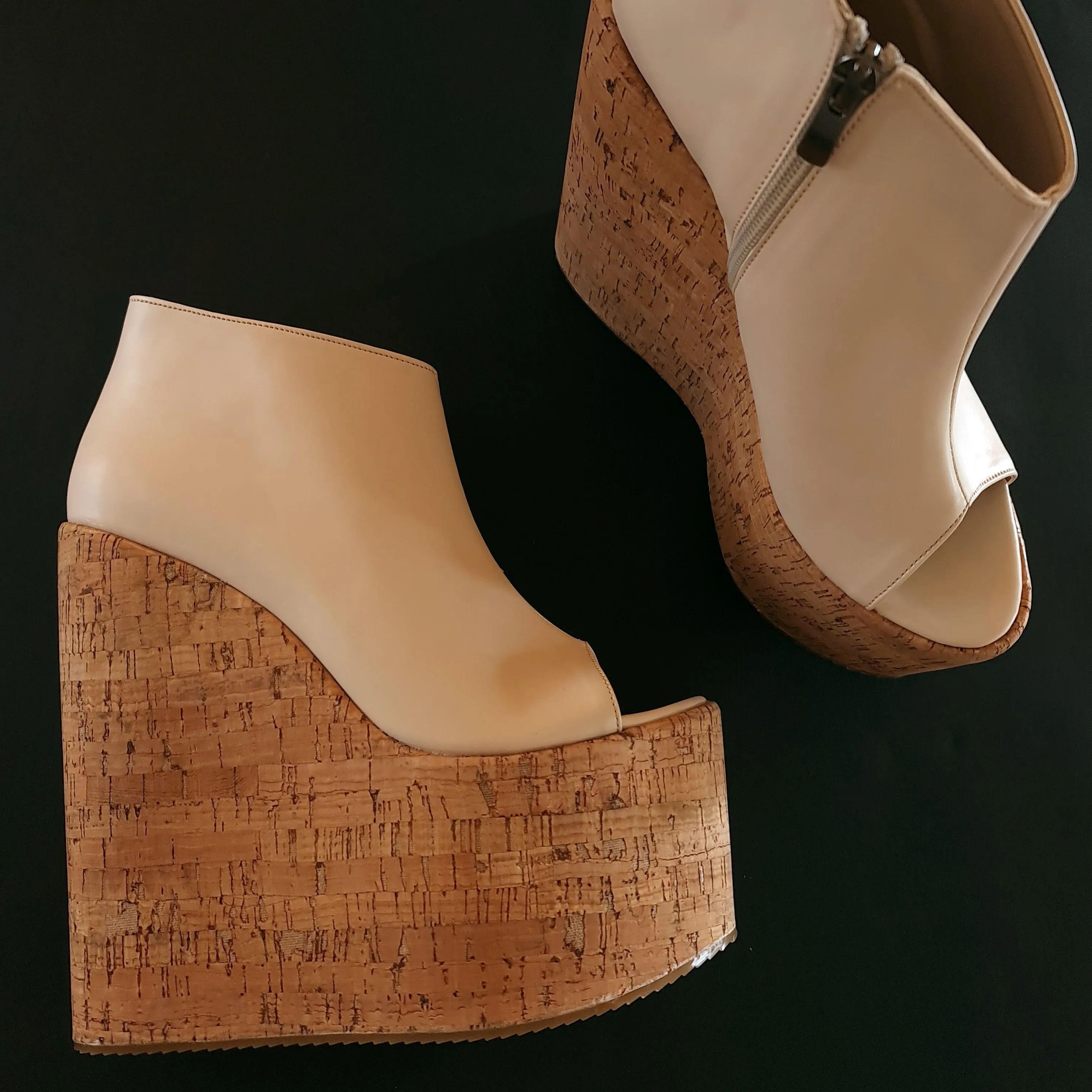 Cream Beige High Heel Platform Cork Wedges