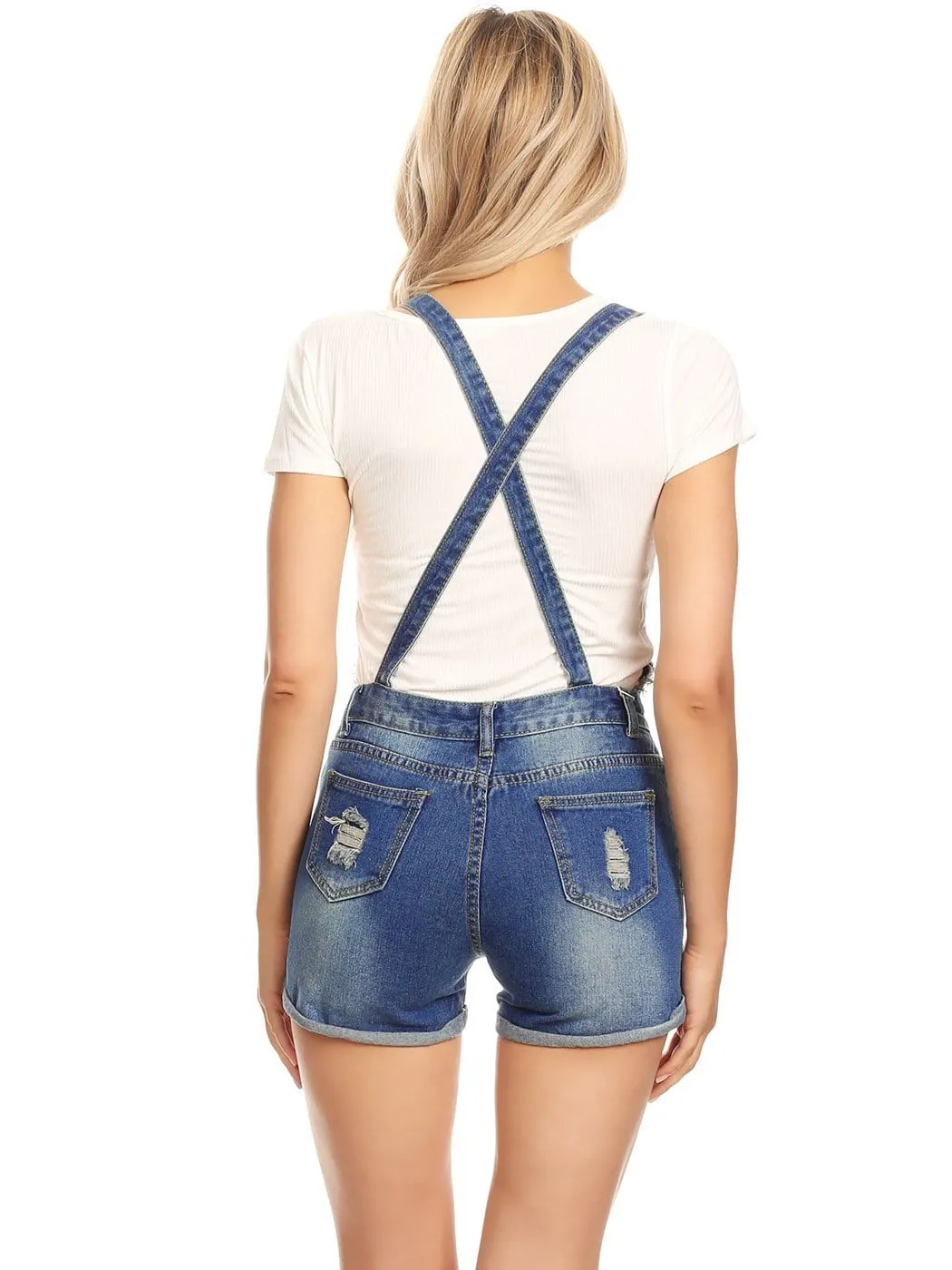 Cross Back Frayed Denim Short Overalls