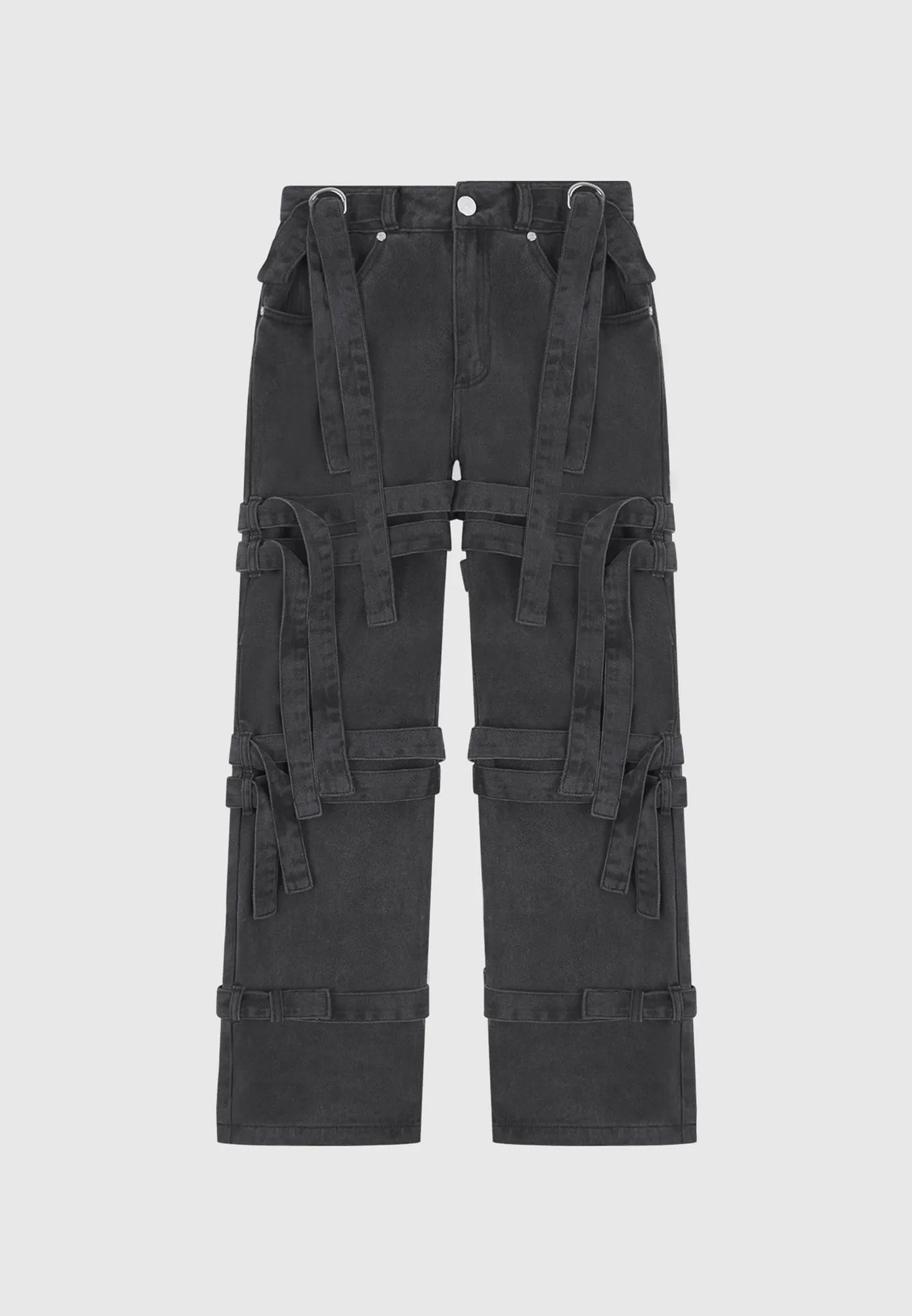 Denim Strap Cargo Jeans - Washed Black