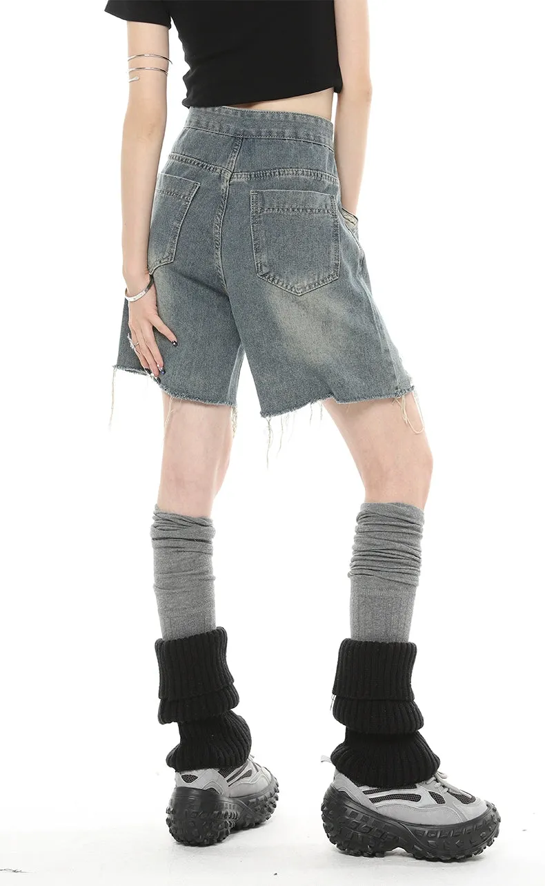 Distressed Denim Bermuda Straight-Leg Shorts