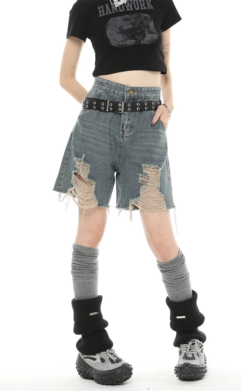 Distressed Denim Bermuda Straight-Leg Shorts