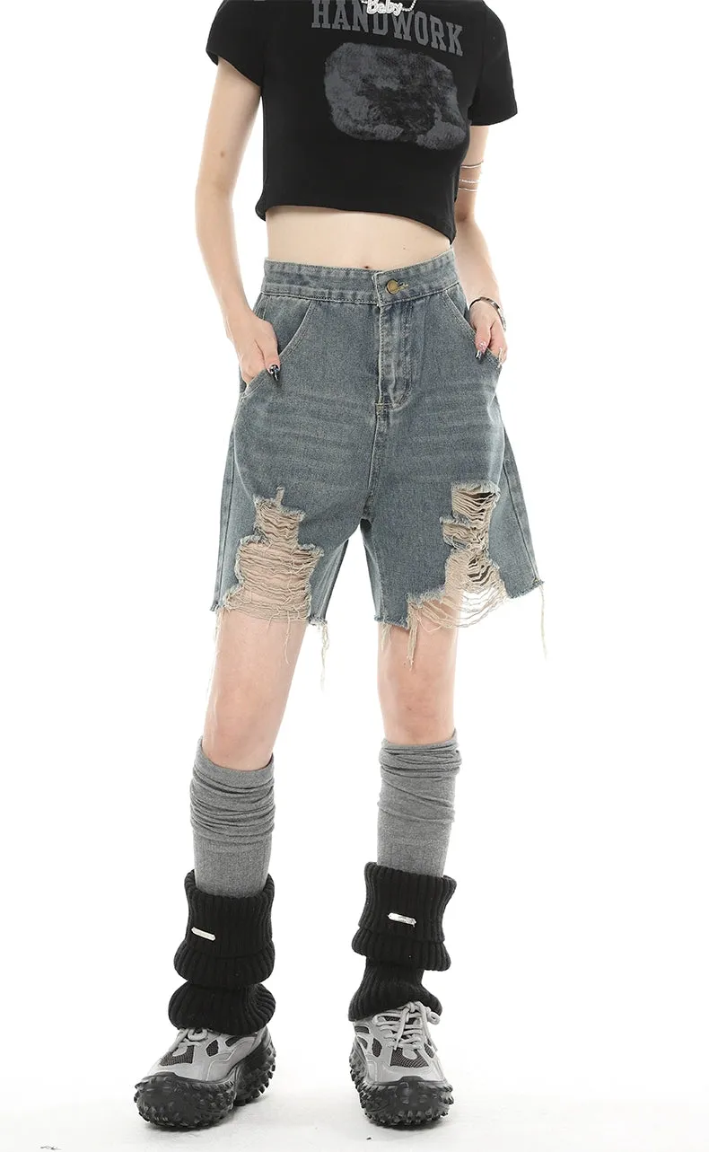 Distressed Denim Bermuda Straight-Leg Shorts