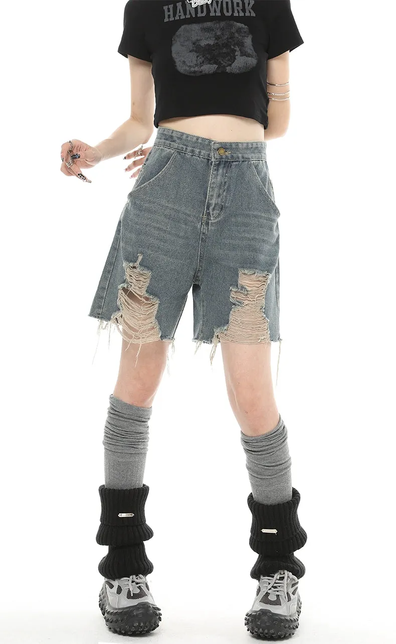 Distressed Denim Bermuda Straight-Leg Shorts