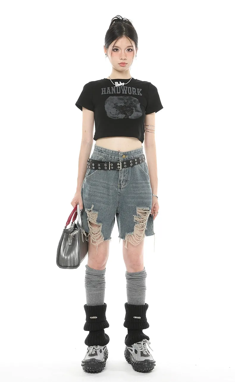 Distressed Denim Bermuda Straight-Leg Shorts