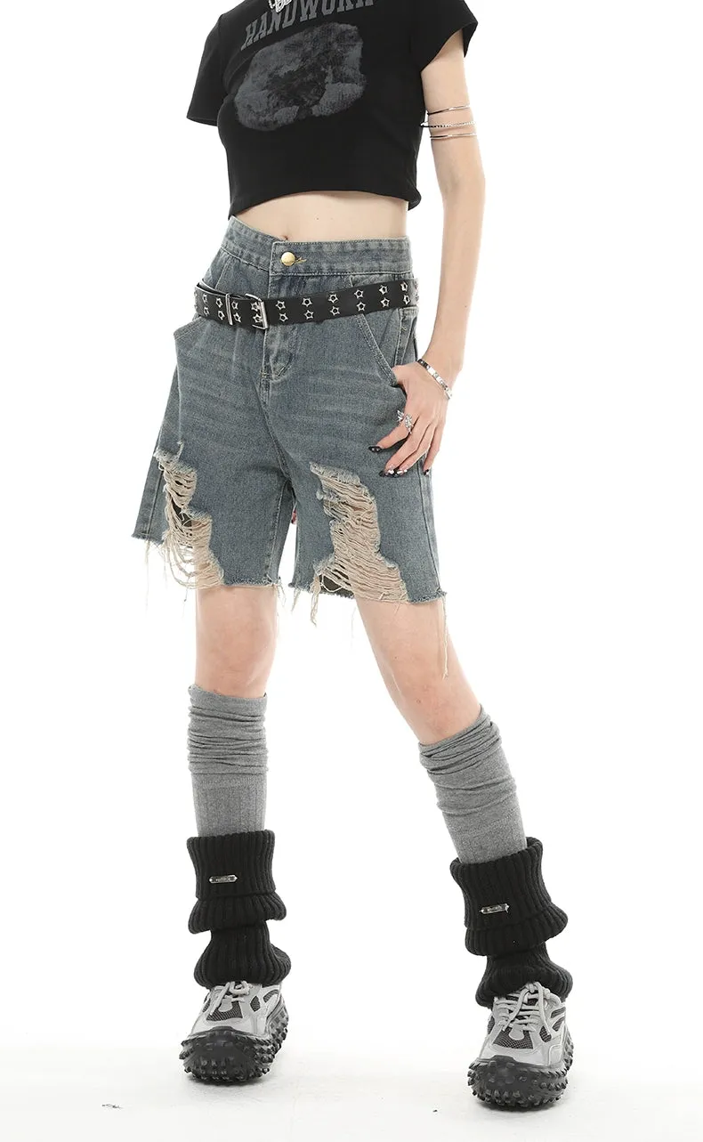 Distressed Denim Bermuda Straight-Leg Shorts