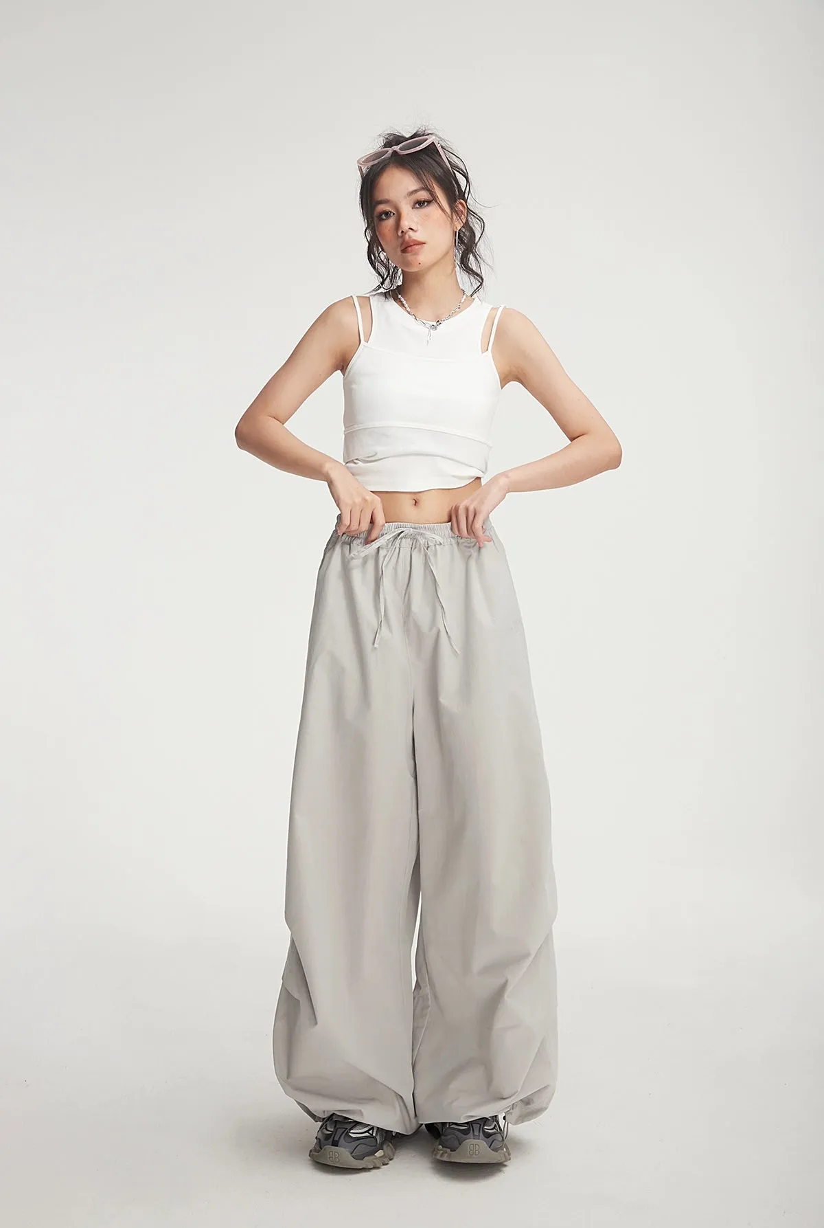 Drawstring Wide-Leg Parachute Jogger Pants