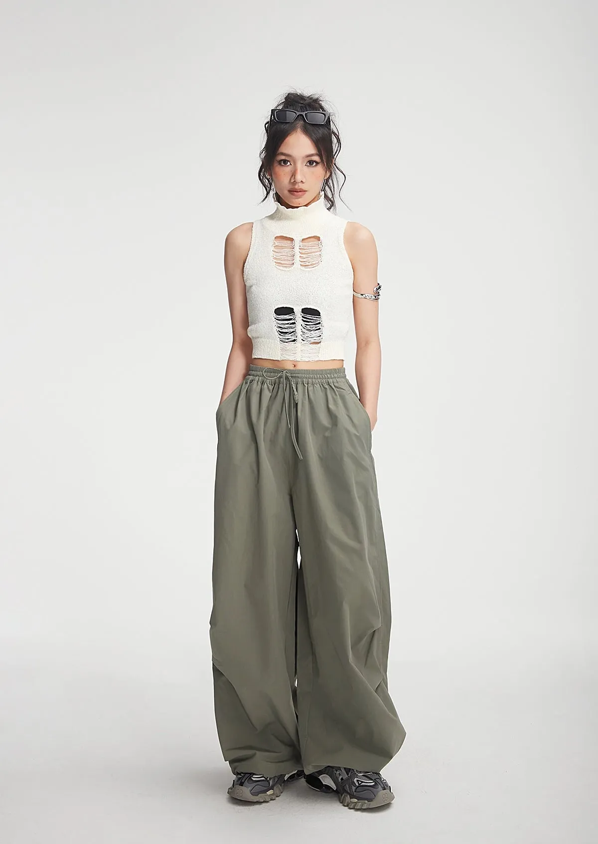 Drawstring Wide-Leg Parachute Jogger Pants