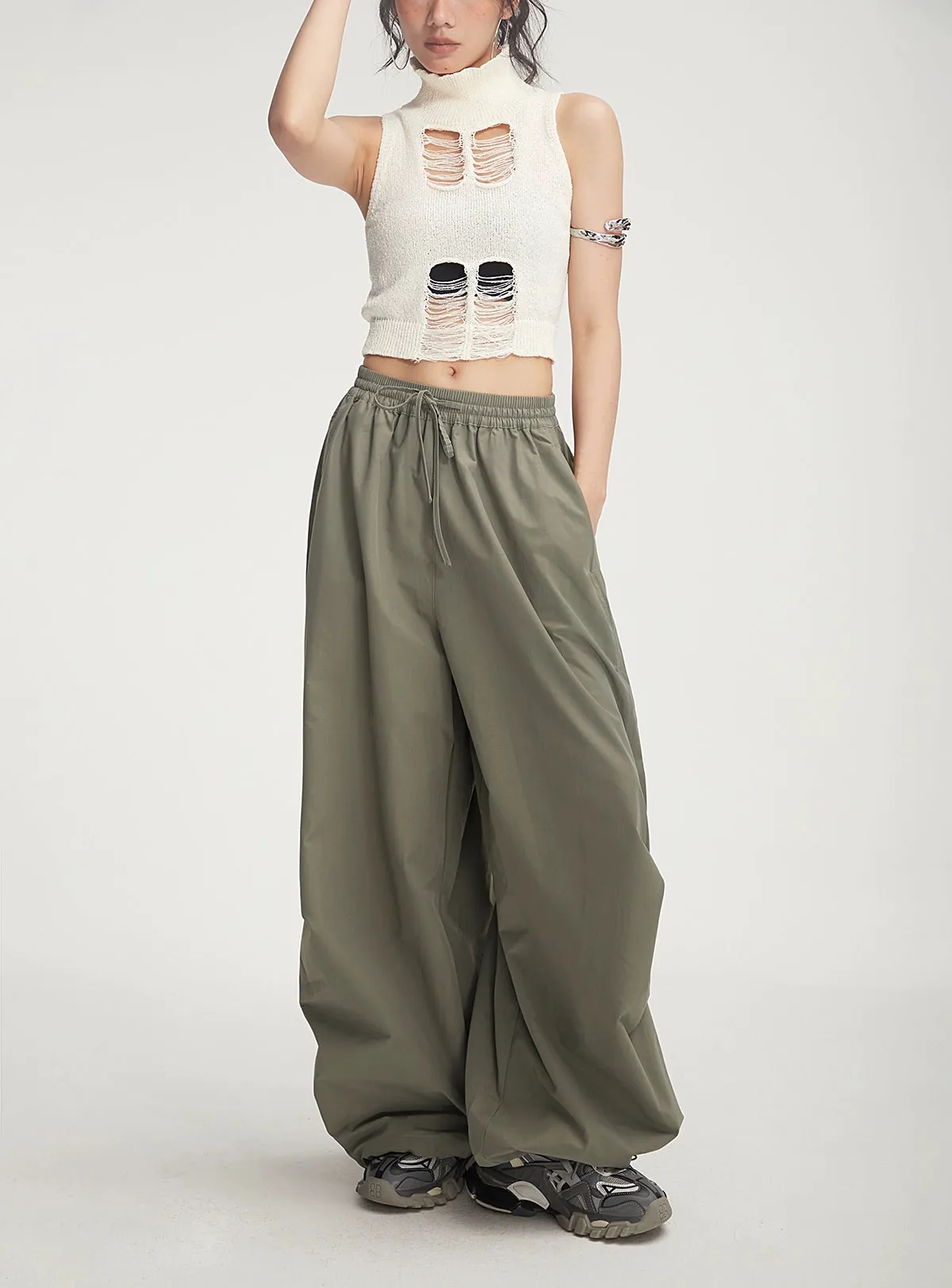 Drawstring Wide-Leg Parachute Jogger Pants