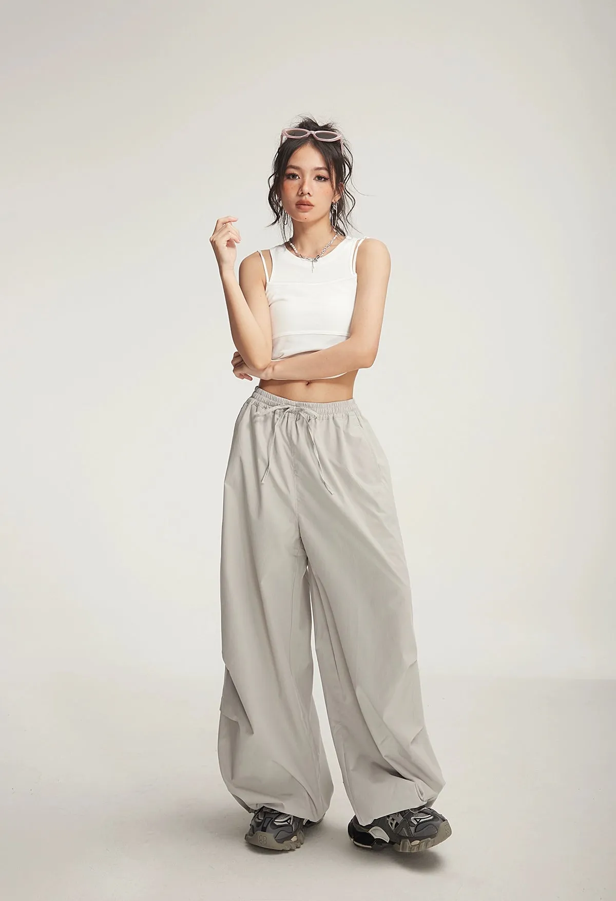 Drawstring Wide-Leg Parachute Jogger Pants