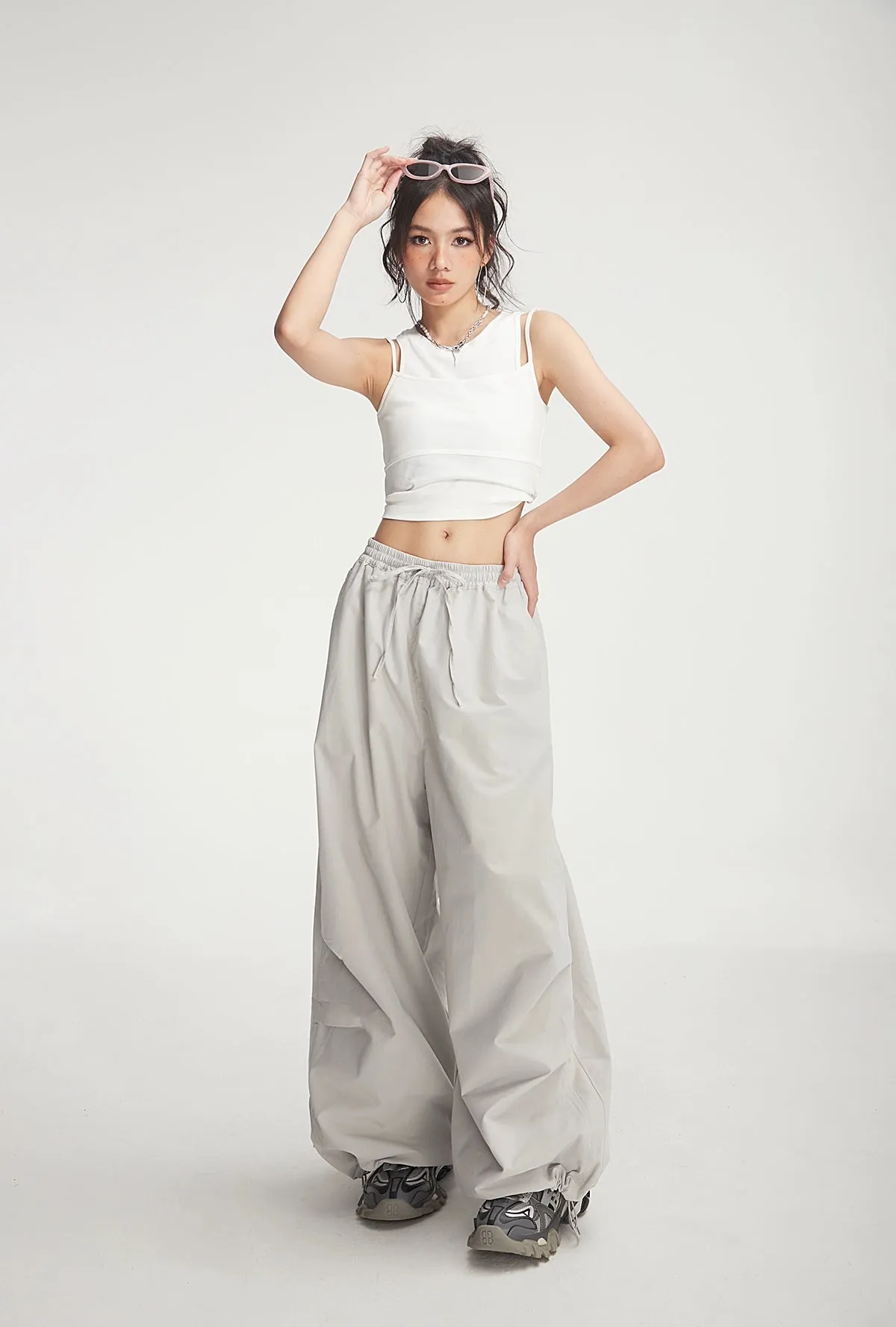 Drawstring Wide-Leg Parachute Jogger Pants