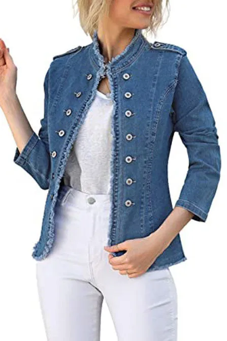 elveswallet Single-Breasted Collar Fitted Denim Jacket