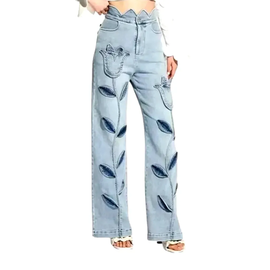 Fashionable floral patches jeans for ladies