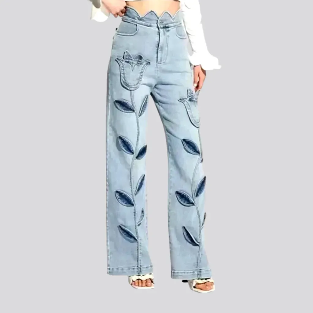 Fashionable floral patches jeans for ladies