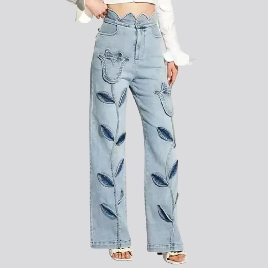 Fashionable floral patches jeans for ladies