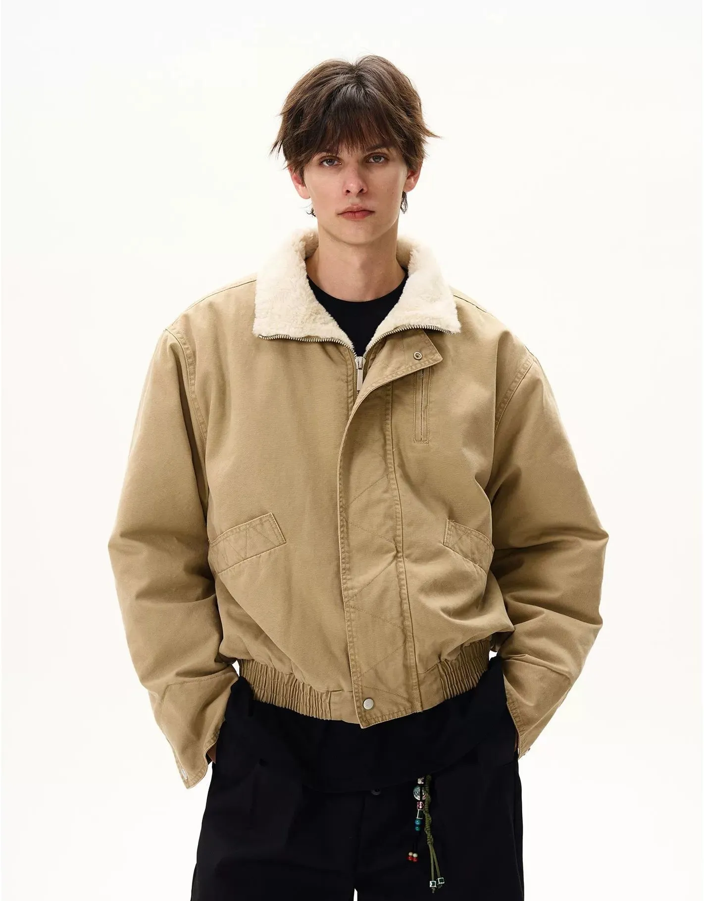 Fleece Lined High Collar Zip Pocket Worker Jacket