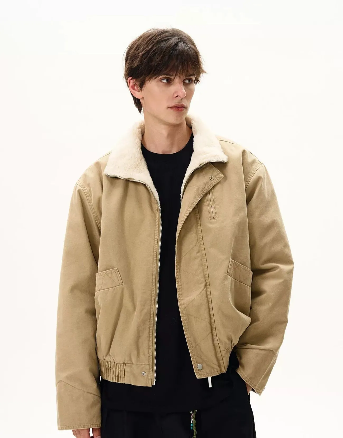 Fleece Lined High Collar Zip Pocket Worker Jacket