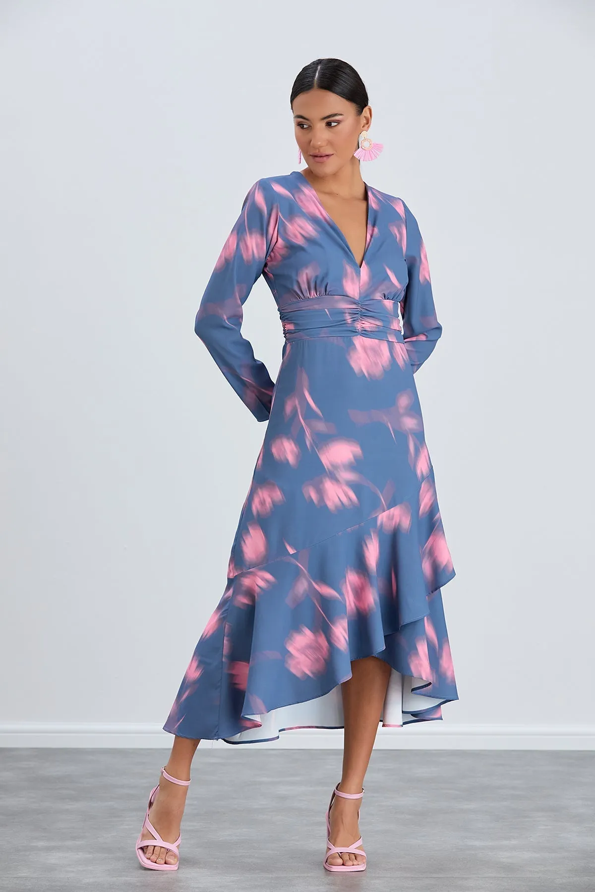 Floral Frill Midi Dress in Blue with Pink Blossoms