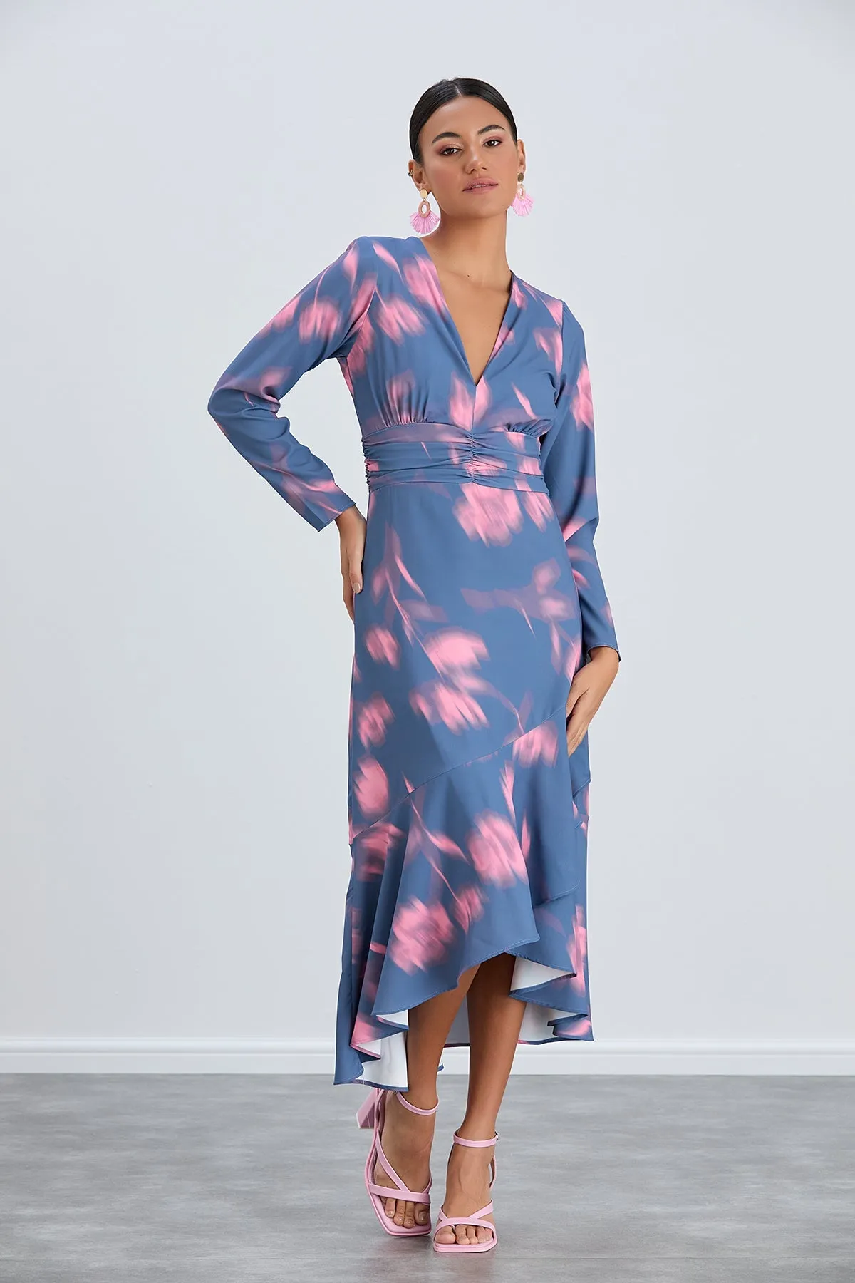 Floral Frill Midi Dress in Blue with Pink Blossoms