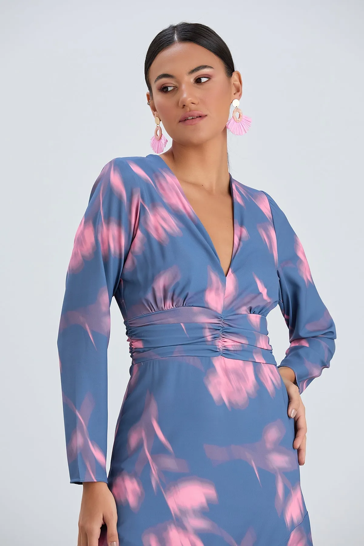 Floral Frill Midi Dress in Blue with Pink Blossoms