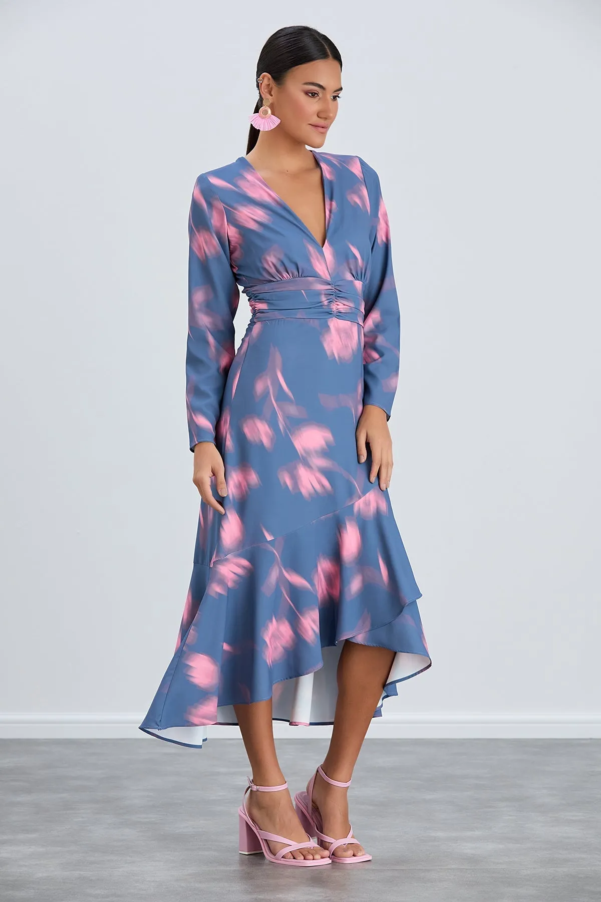 Floral Frill Midi Dress in Blue with Pink Blossoms