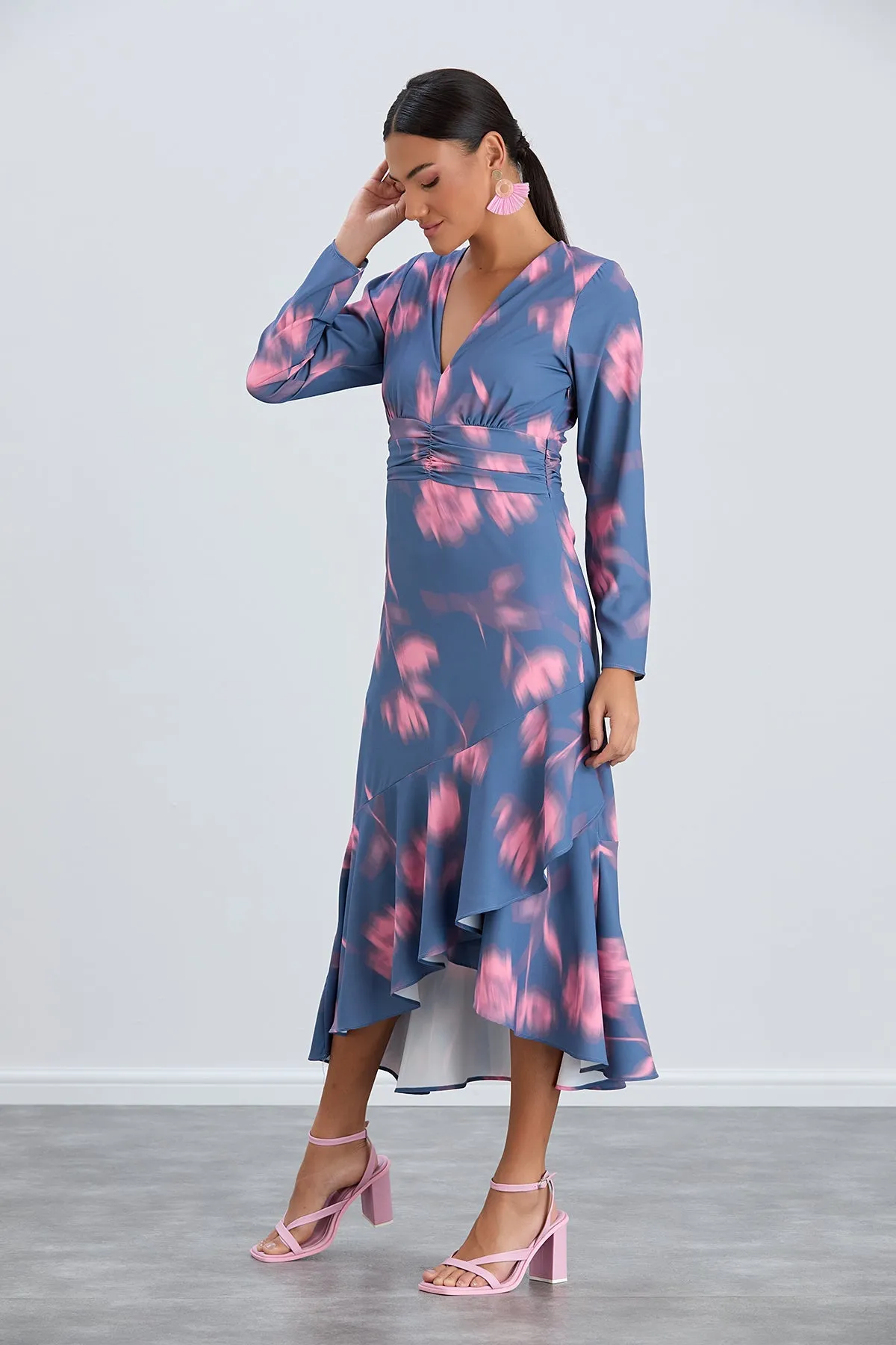 Floral Frill Midi Dress in Blue with Pink Blossoms