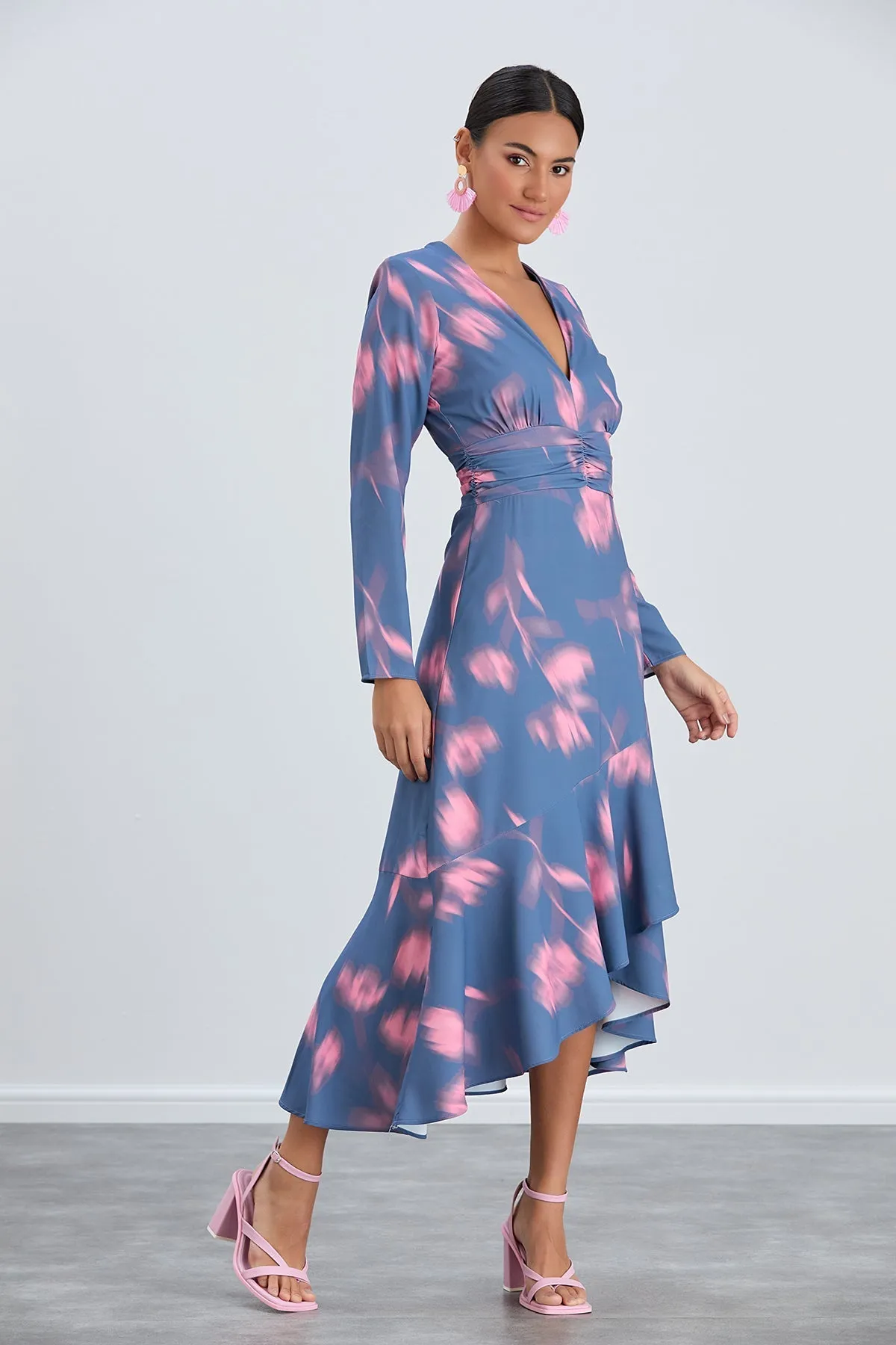 Floral Frill Midi Dress in Blue with Pink Blossoms