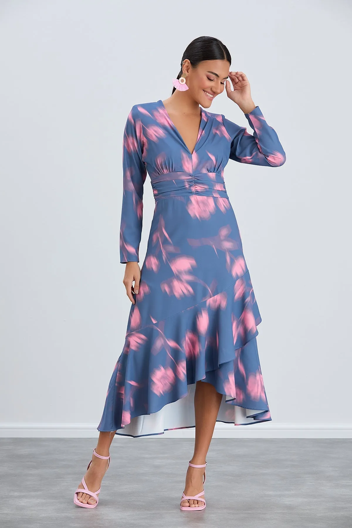 Floral Frill Midi Dress in Blue with Pink Blossoms