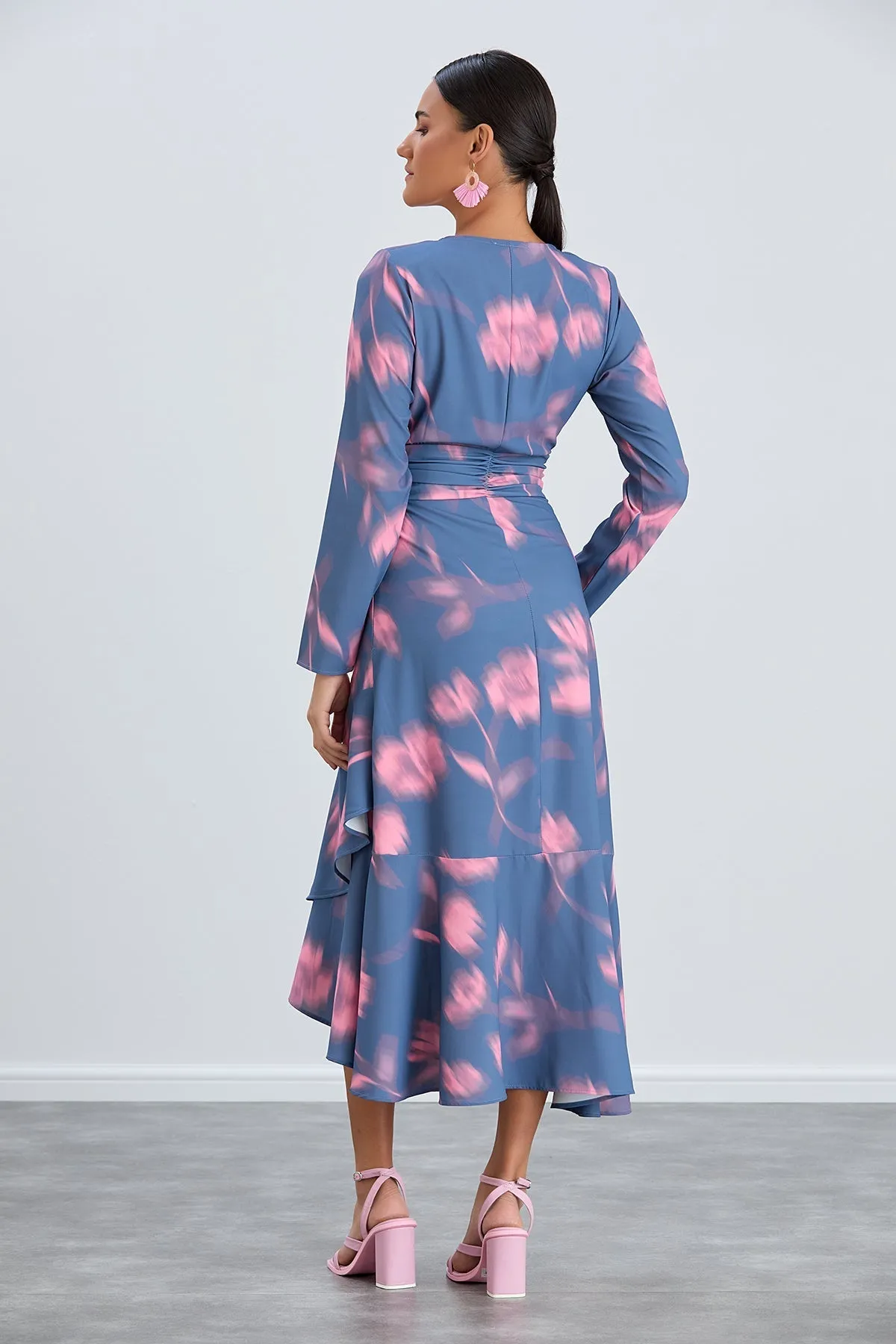 Floral Frill Midi Dress in Blue with Pink Blossoms