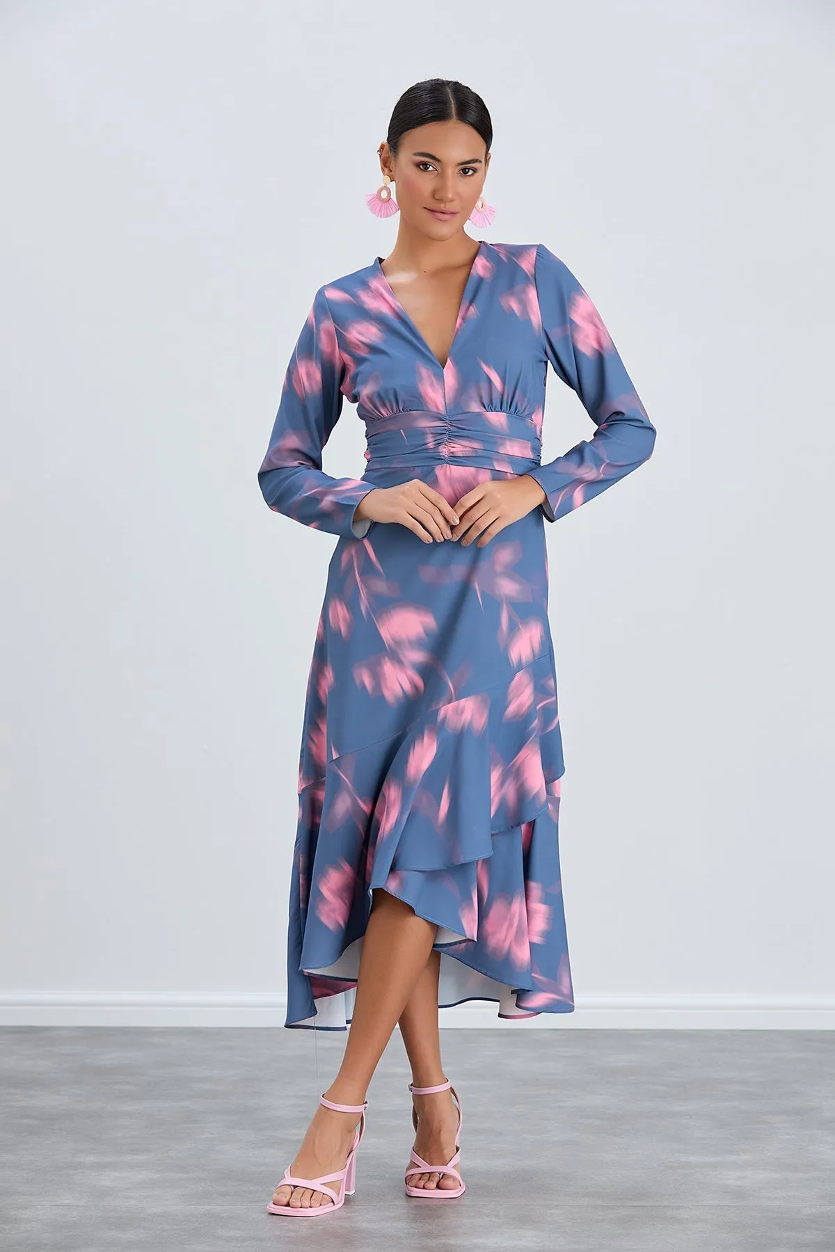 Floral Frill Midi Dress in Blue with Pink Blossoms