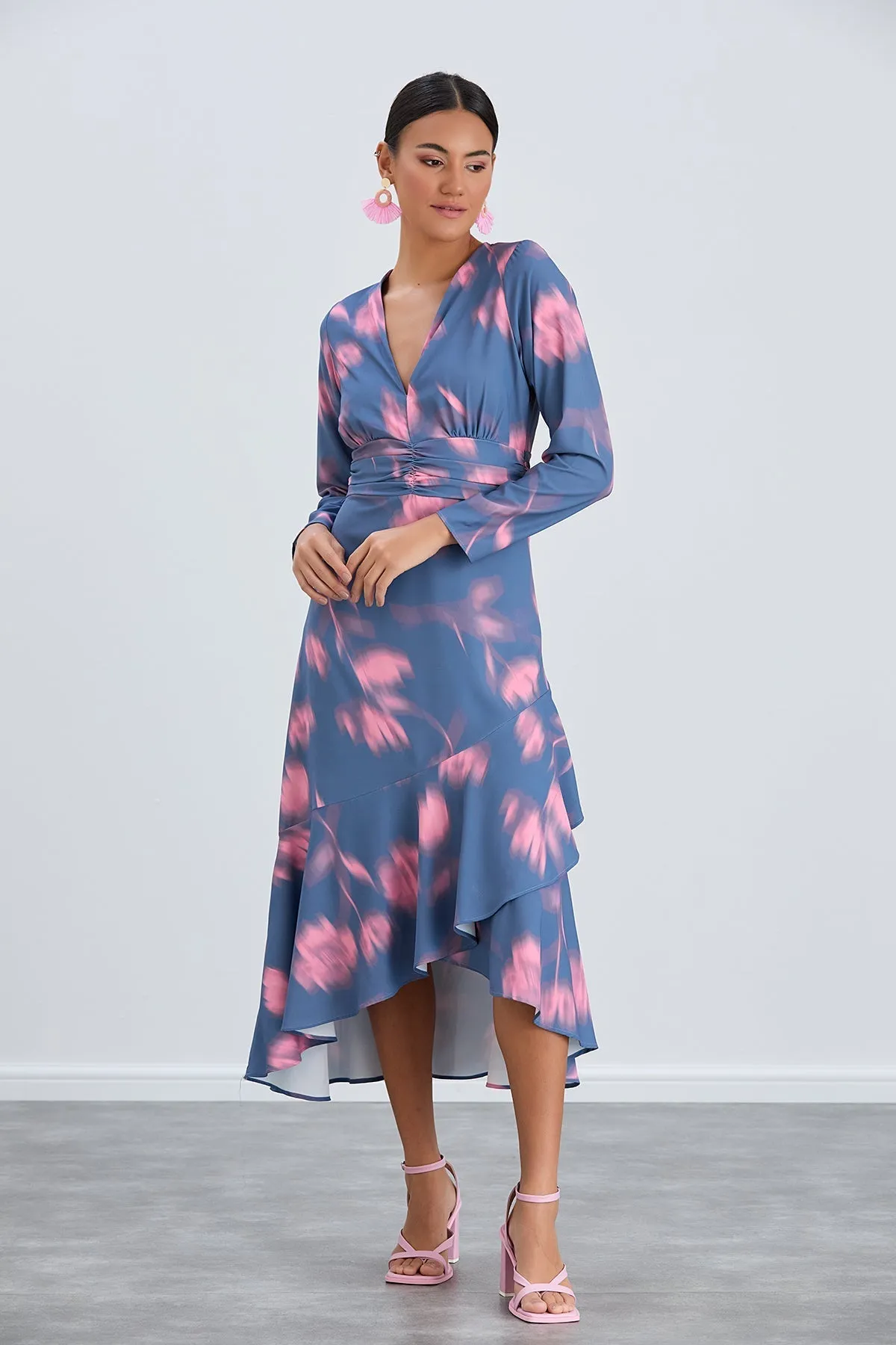 Floral Frill Midi Dress in Blue with Pink Blossoms