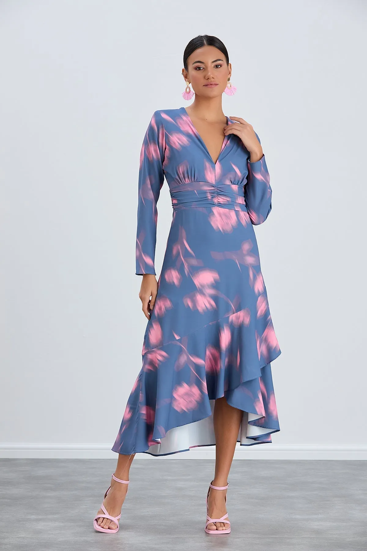 Floral Frill Midi Dress in Blue with Pink Blossoms