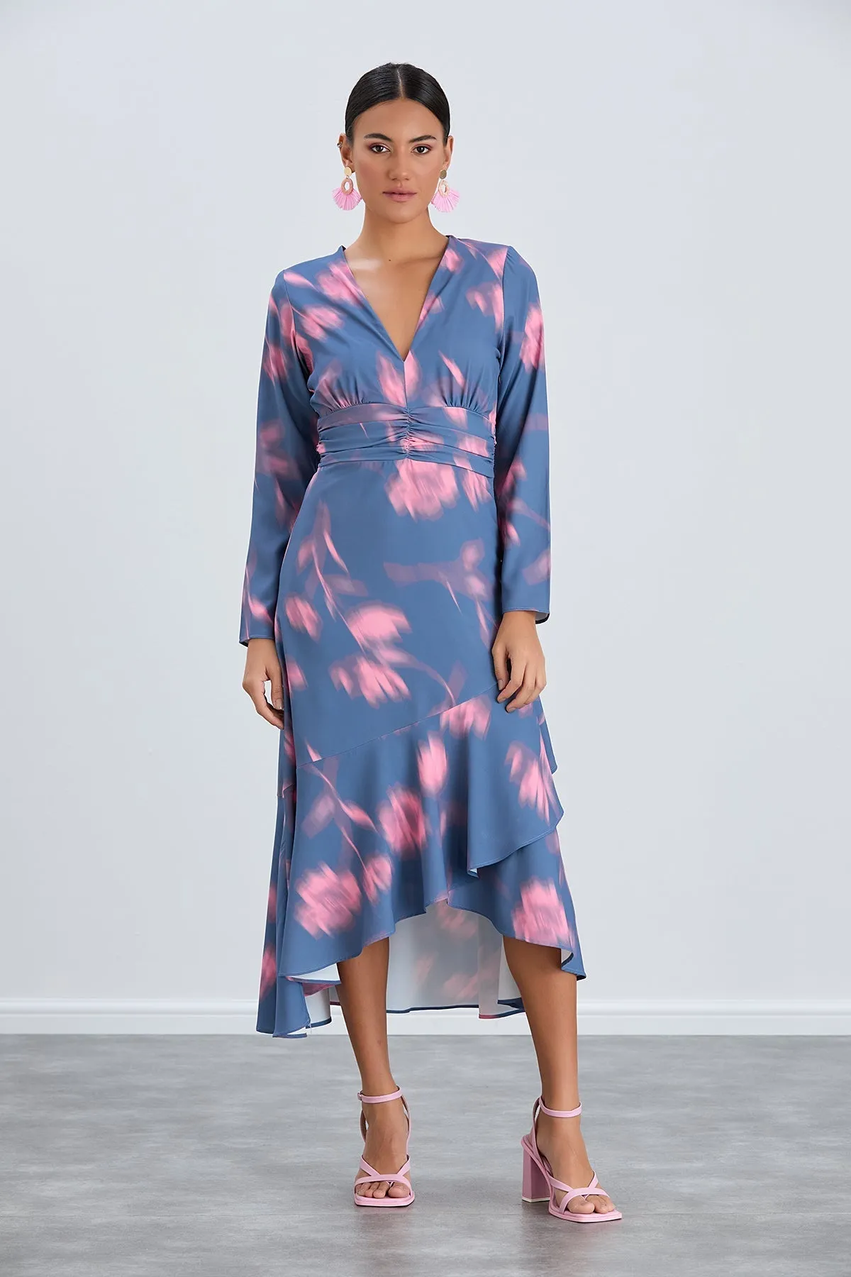 Floral Frill Midi Dress in Blue with Pink Blossoms