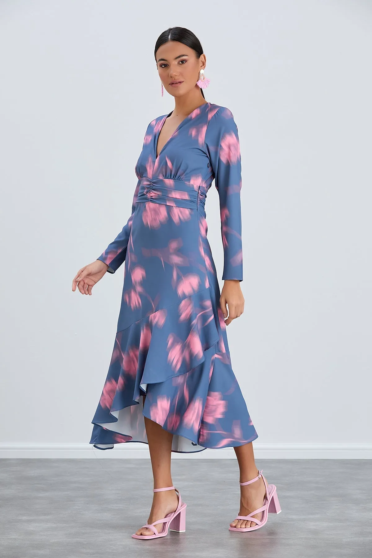 Floral Frill Midi Dress in Blue with Pink Blossoms